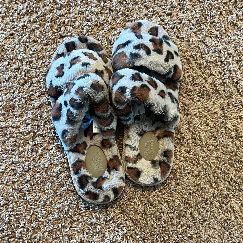 Stars Above Animal Print Fuzzy Slippers
